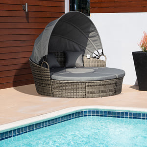 Outdoor PE Rattan Garden Furniture with Cushioned, Patio Wicker Conversation Furniture Set, Round Daybed with Retractable Canopy, Coffee Table and Three Pillows, Dark Grey/Grey