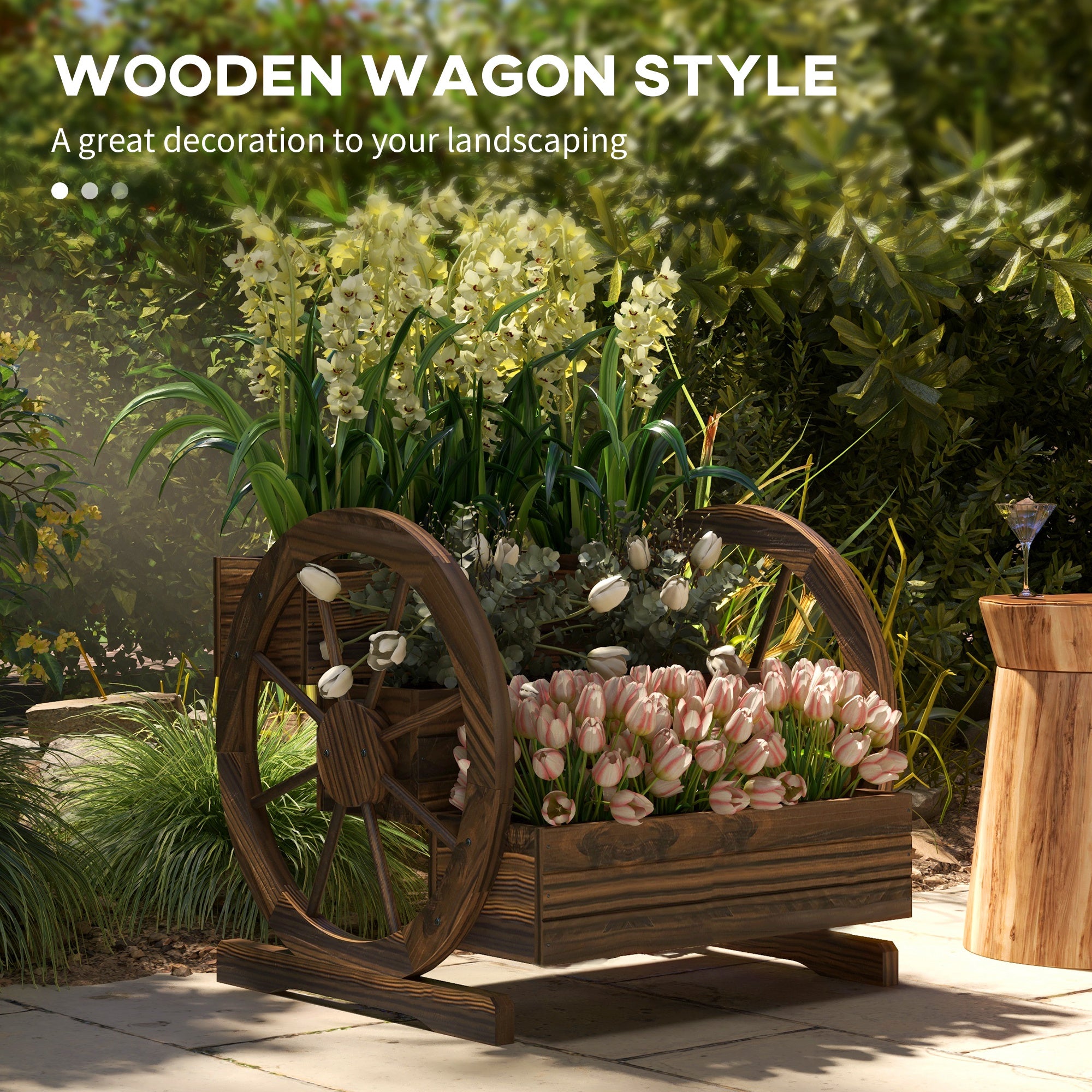 wheels for planter pots Outsunny Wooden Wagon Planter Box 3-Tier Raised Garden Bed for Vegetables Flowers Herbs