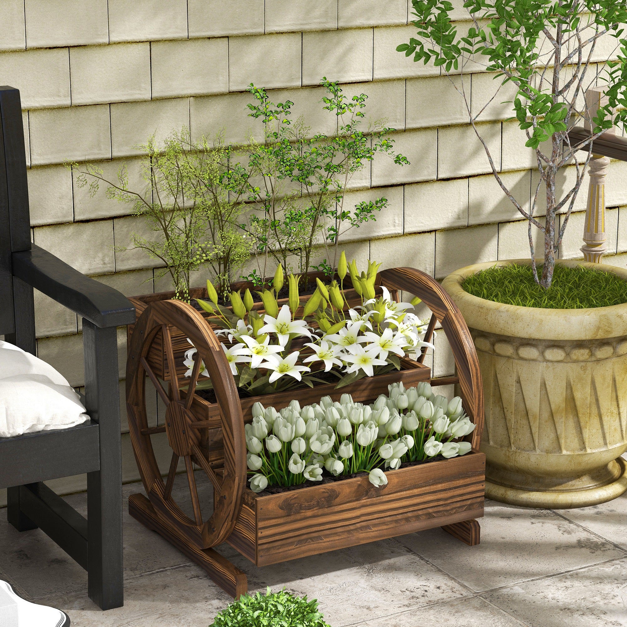 3 tier planter pots Outsunny Wooden Wagon Planter Box 3-Tier Raised Garden Bed for Vegetables Flowers Herbs