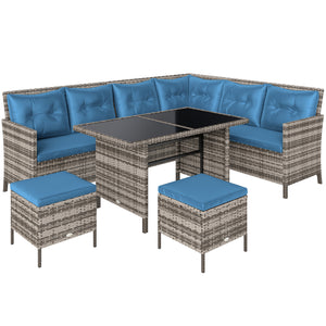 6 Pieces Patio Dining Set Wicker Outdoor Furniture Set Garden Rattan Sofa Set Outdoor Sectional Couch with Cushions, Dining Table and Ottomans, Blue