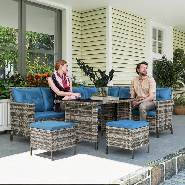 6 Pieces Patio Dining Set Wicker Outdoor Furniture Set Garden Rattan Sofa Set Outdoor Sectional Couch with Cushions, Dining Table and Ottomans, Blue