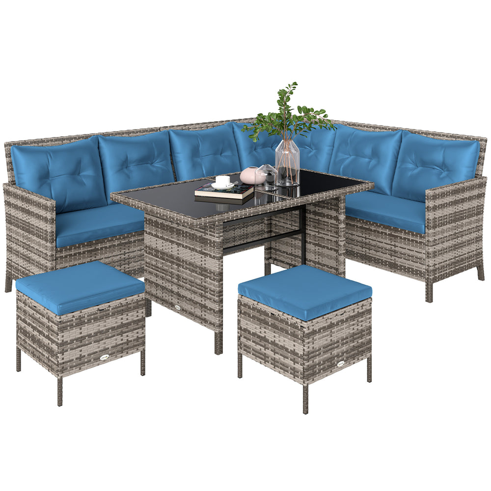 6 Pieces Patio Dining Set Wicker Outdoor Furniture Set Garden Rattan Sofa Set Outdoor Sectional Couch with Cushions, Dining Table and Ottomans, Blue