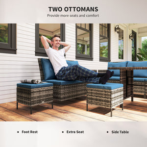 6 Pieces Patio Dining Set Wicker Outdoor Furniture Set Garden Rattan Sofa Set Outdoor Sectional Couch with Cushions, Dining Table and Ottomans, Blue
