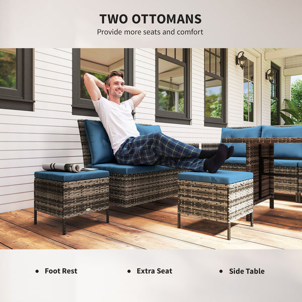 6 Pieces Patio Dining Set Wicker Outdoor Furniture Set Garden Rattan Sofa Set Outdoor Sectional Couch with Cushions, Dining Table and Ottomans, Blue