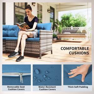 6 Pieces Patio Dining Set Wicker Outdoor Furniture Set Garden Rattan Sofa Set Outdoor Sectional Couch with Cushions, Dining Table and Ottomans, Blue