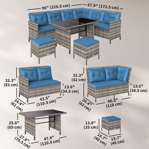 6 Pieces Patio Dining Set Wicker Outdoor Furniture Set Garden Rattan Sofa Set Outdoor Sectional Couch with Cushions, Dining Table and Ottomans, Blue