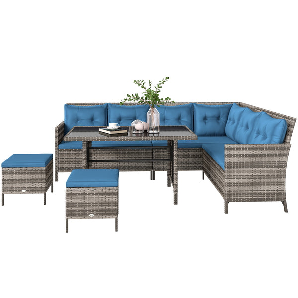 6 Pieces Patio Dining Set Wicker Outdoor Furniture Set Garden Rattan Sofa Set Outdoor Sectional Couch with Cushions, Dining Table and Ottomans, Blue