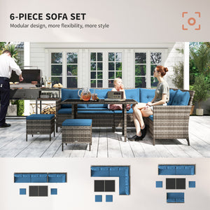 6 Pieces Patio Dining Set Wicker Outdoor Furniture Set Garden Rattan Sofa Set Outdoor Sectional Couch with Cushions, Dining Table and Ottomans, Blue
