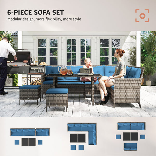 6 Pieces Patio Dining Set Wicker Outdoor Furniture Set Garden Rattan Sofa Set Outdoor Sectional Couch with Cushions, Dining Table and Ottomans, Blue