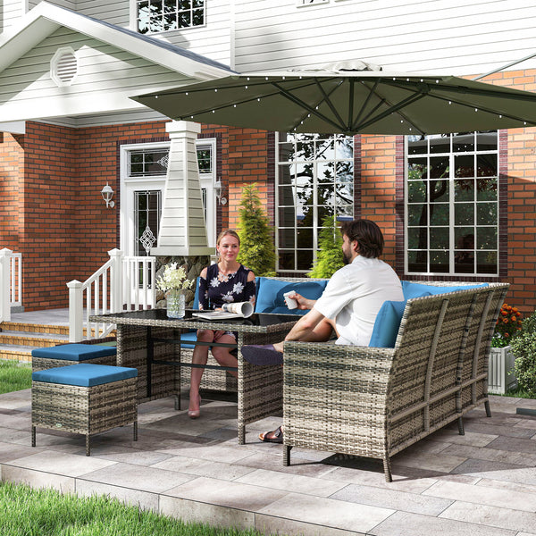6 Pieces Patio Dining Set Wicker Outdoor Furniture Set Garden Rattan Sofa Set Outdoor Sectional Couch with Cushions, Dining Table and Ottomans, Blue