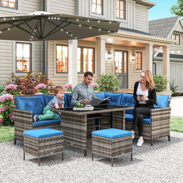 6 Pieces Patio Dining Set Wicker Outdoor Furniture Set Garden Rattan Sofa Set Outdoor Sectional Couch with Cushions, Dining Table and Ottomans, Blue