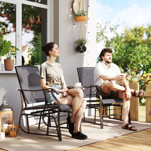 Outdoor Double Glider Rocking Chairs with Glass Top Middle Table, Metal Gliding Love Seat Conversation Furniture with Breathable Mesh Fabric Seat, for Garden, Patio, Grey