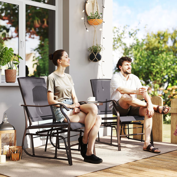 Outdoor Double Glider Rocking Chairs with Glass Top Middle Table, Metal Gliding Love Seat Conversation Furniture with Breathable Mesh Fabric Seat, for Garden, Patio, Grey