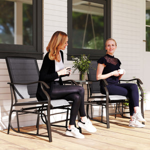 Outdoor Double Glider Rocking Chairs with Glass Top Middle Table, Metal Gliding Love Seat Conversation Furniture with Breathable Mesh Fabric Seat, for Garden, Patio, Grey