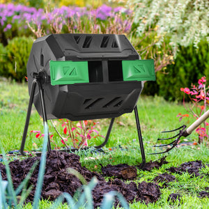 Outsunny Tumbling Compost Bin Outdoor 360° Dual Chamber Rotating Composter 43 Gallon, Green