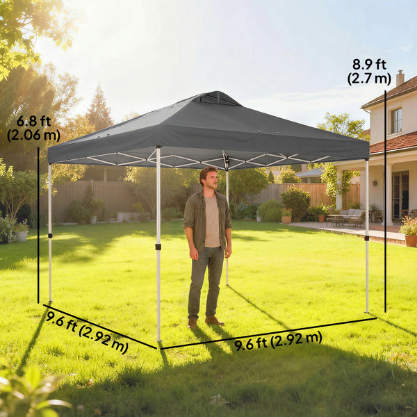 9.8' x 9.8' Pop Up Canopy, Waterproof Canopy Tent for Parties, Garden, BBQs, Easy Setup Instant Shelter and Garden Gazebo with Carrying Bag, Stakes and Ropes, Dark Grey