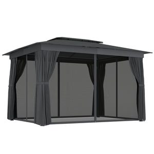 10' x 12' Outdoor Patio Gazebo, Soft Top Gazebo Canopy Shelter with Double Roof, Curtains, Netting, Steel Frame, UPF30+ Protection, Ceiling Hooks for Lawn, Backyard, Deck, Dark Gray