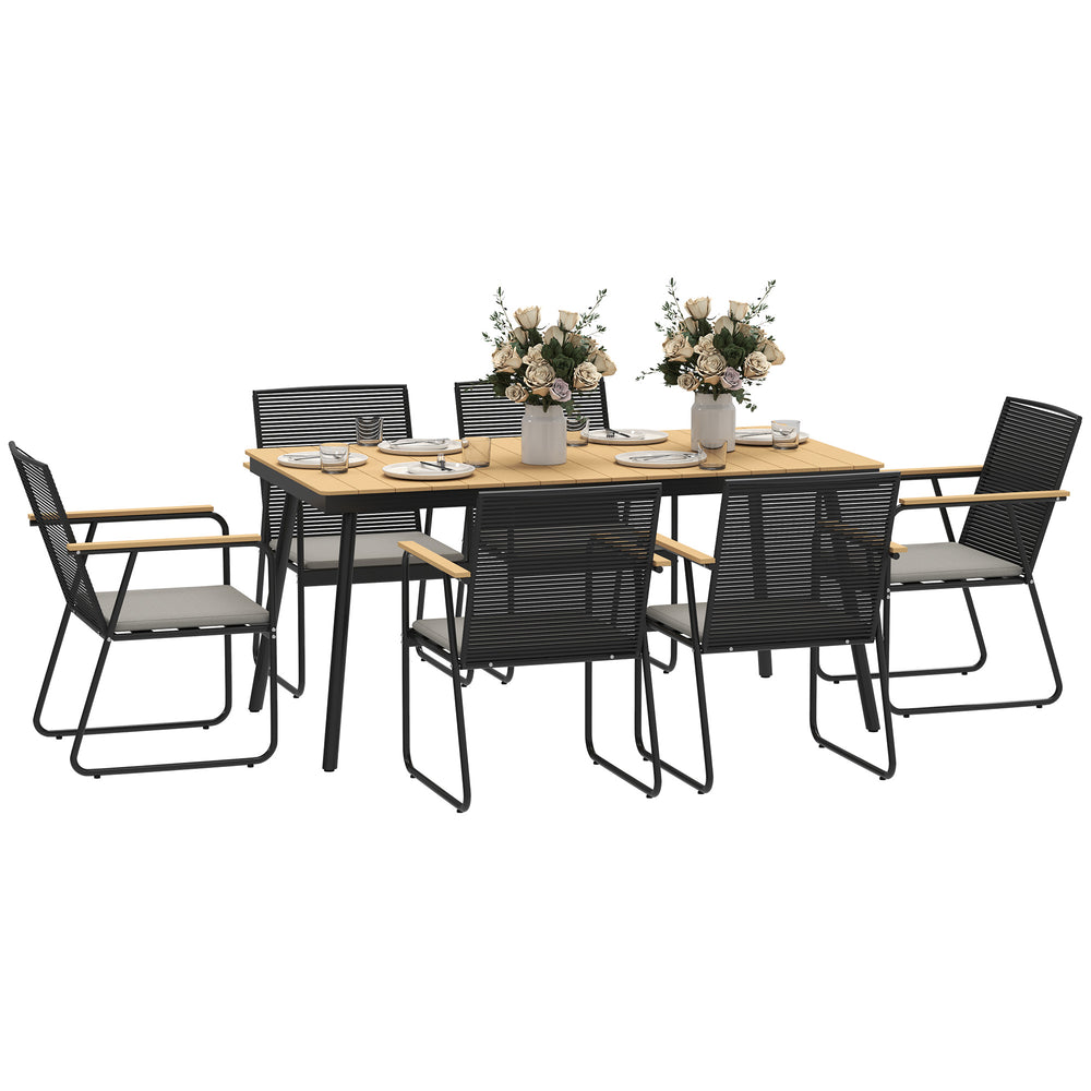 6 Seater Garden Dining Set with Soft Cushions, Rattan Backrest, Rectangular Plastic Top, Garden Furniture Set, Outdoor Dining Table and Chairs for Patio, Balcony, Poolside, Nature Wood Finish