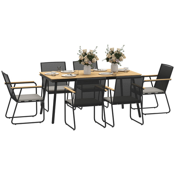 6 Seater Garden Dining Set with Soft Cushions, Rattan Backrest, Rectangular Plastic Top, Garden Furniture Set, Outdoor Dining Table and Chairs for Patio, Balcony, Poolside, Nature Wood Finish