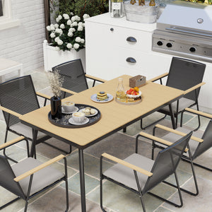 6 Seater Garden Dining Set with Soft Cushions, Rattan Backrest, Rectangular Plastic Top, Garden Furniture Set, Outdoor Dining Table and Chairs for Patio, Balcony, Poolside, Nature Wood Finish