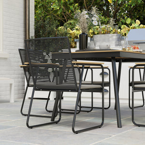 6 Seater Garden Dining Set with Soft Cushions, Rattan Backrest, Rectangular Plastic Top, Garden Furniture Set, Outdoor Dining Table and Chairs for Patio, Balcony, Poolside, Nature Wood Finish