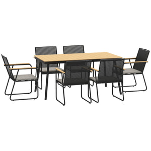 6 Seater Garden Dining Set with Soft Cushions, Rattan Backrest, Rectangular Plastic Top, Garden Furniture Set, Outdoor Dining Table and Chairs for Patio, Balcony, Poolside, Nature Wood Finish
