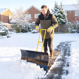 Snow Shovel with Wheels, 29" x 18" Heavy Duty Metal Snow Pusher with 5-Level Adjustable Handle, 7-Angle Blade, Bottom Wear Strip for Driveway, Sidewalks, Garden, Deck, Yellow