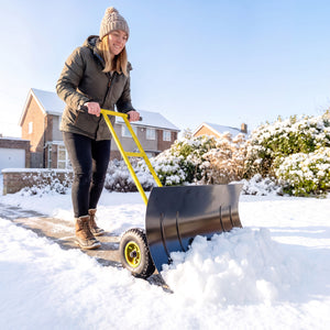 Snow Shovel with Wheels, 29" x 18" Heavy Duty Metal Snow Pusher with 5-Level Adjustable Handle, 7-Angle Blade, Bottom Wear Strip for Driveway, Sidewalks, Garden, Deck, Yellow