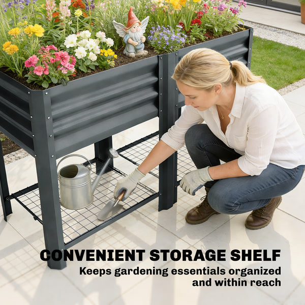 Galvanized Steel Raised Garden Bed, Elevated Planter Box with Legs and Storage Shelf, Raised Planter for Vegetables, Flowers, Herbs, for Outdoor, Patio, Yard, Dark Grey