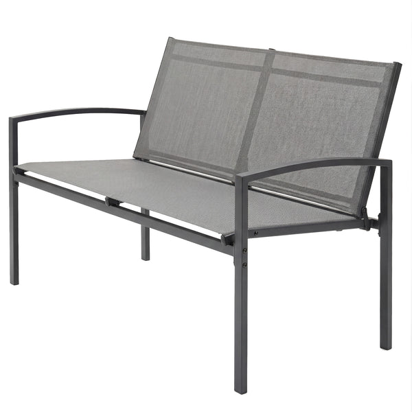 Metal Garden Bench, 2 Seater Outdoor Furniture Seating with Breathable Texteline Fabric, Curved Armrest, Park Patio Seat for Porch, Balcony, Grey
