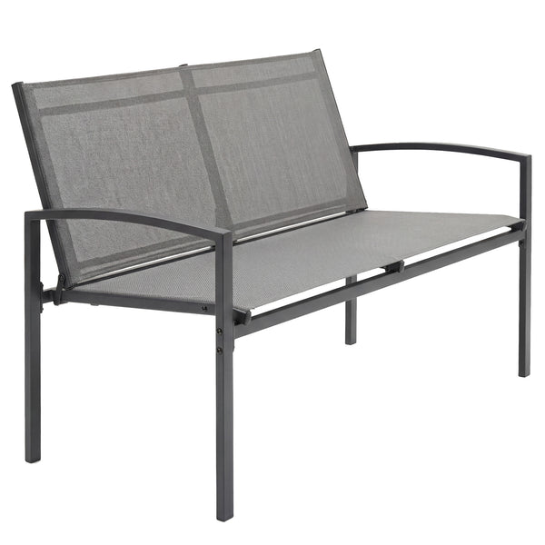 Metal Garden Bench, 2 Seater Outdoor Furniture Seating with Breathable Texteline Fabric, Curved Armrest, Park Patio Seat for Porch, Balcony, Grey