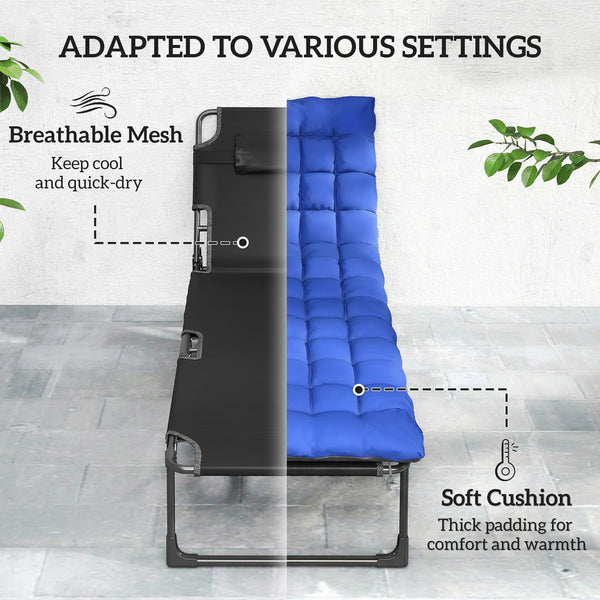 Lounge Chair Outdoor Set of 2, 75 cm Wide Folding Chaise Lounge Tanning Chair, 5-Position Beach Patio Lounger Camping Cot Bed with Cushion, Side Pocket, Dark Grey/Blue