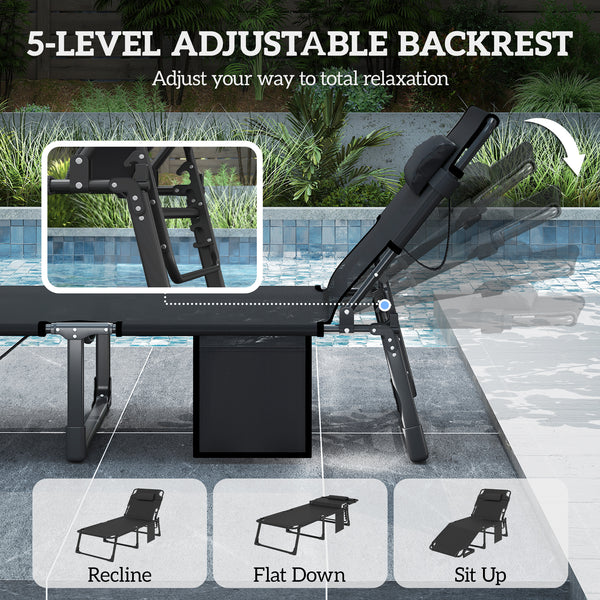 Lounge Chair Outdoor Set of 2, 75 cm Wide Folding Chaise Lounge Tanning Chair, 5-Position Beach Patio Lounger Camping Cot Bed with Cushion, Side Pocket, Dark Grey/Blue