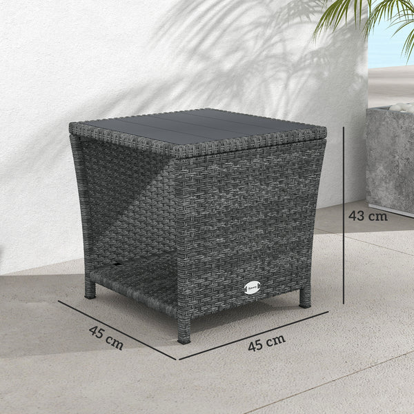 2-Tier PE Rattan Side Table with Storage Shelf, Square Outdoor Coffee Table with PS Wood Slat Top, UV-Resistant for Patio, Garden, Balcony, Grey