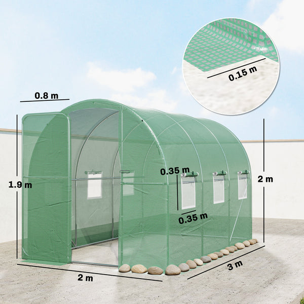 7' x 10' Walk-in Polytunnel Greenhouse with Hinged Door and 6 Roll Up Mesh Windows, Garden Tunnel Warm House Tent with UV-resistant PE Cover, Galvanised Steel Frame, Green