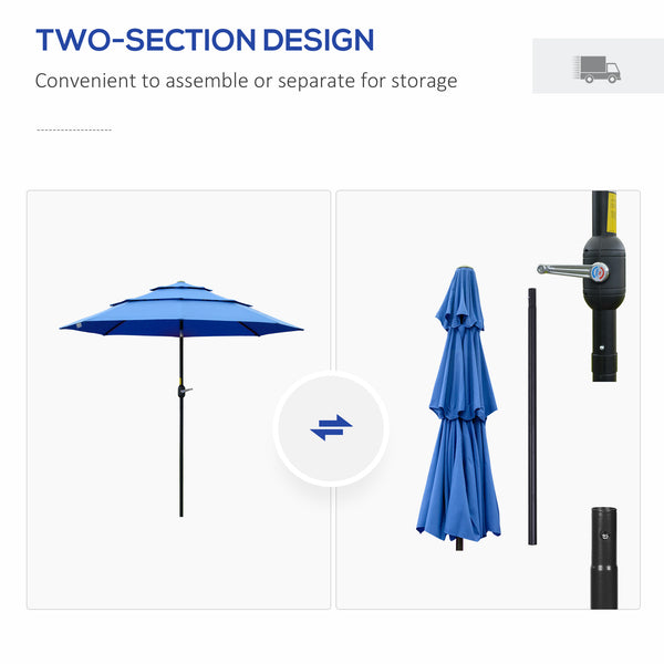 Outsunny 9FT 3 Tiers Patio Umbrella Outdoor Market Umbrella with Crank, Push Button Tilt for Deck, Backyard and Lawn, Dark Blue