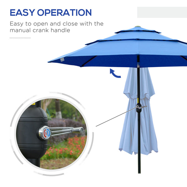 Outsunny 9FT 3 Tiers Patio Umbrella Outdoor Market Umbrella with Crank, Push Button Tilt for Deck, Backyard and Lawn, Dark Blue