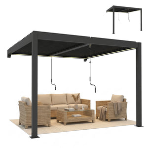 3 x 3 m Louvered Pergola with LED Lights, Adjustable Metal Louvred Roof, Wall Mounted Patio Gazebo Pergola Canopy with Aluminium Frame, Drainage Gutters for Garden Outdoor, Dark Grey