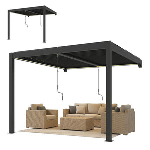 3 x 3 m Louvered Pergola with LED Lights, Adjustable Metal Louvred Roof, Wall Mounted Patio Gazebo Pergola Canopy with Aluminium Frame, Drainage Gutters for Garden Outdoor, Dark Grey