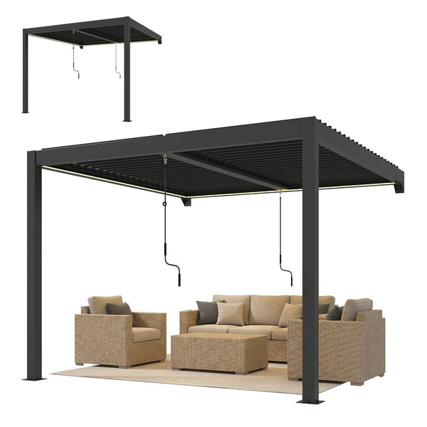 3 x 3 m Louvered Pergola with LED Lights, Adjustable Metal Louvred Roof, Wall Mounted Patio Gazebo Pergola Canopy with Aluminium Frame, Drainage Gutters for Garden Outdoor, Dark Grey