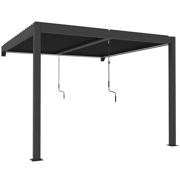 3 x 3 m Louvered Pergola with LED Lights, Adjustable Metal Louvred Roof, Wall Mounted Patio Gazebo Pergola Canopy with Aluminium Frame, Drainage Gutters for Garden Outdoor, Dark Grey