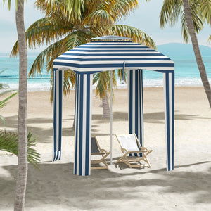 Outsunny 5.8' x 5.8' Portable Beach Umbrella with Double-Top, Ruffled Outdoor Cabana with Walls, Vents, Sandbags, Carry Bag, Blue & White Stripe