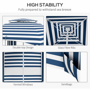 Outsunny 5.8' x 5.8' Portable Beach Umbrella with Double-Top, Ruffled Outdoor Cabana with Walls, Vents, Sandbags, Carry Bag, Blue & White Stripe