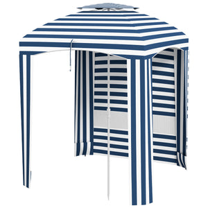 Outsunny 5.8' x 5.8' Portable Beach Umbrella with Double-Top, Ruffled Outdoor Cabana with Walls, Vents, Sandbags, Carry Bag, Blue & White Stripe