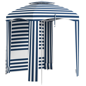 Outsunny 5.8' x 5.8' Portable Beach Umbrella with Double-Top, Ruffled Outdoor Cabana with Walls, Vents, Sandbags, Carry Bag, Blue & White Stripe