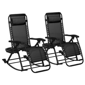 Outsunny Set of 2 Outdoor Rocking Chairs, Foldable Reclining Zero Gravity Lounge Rocker with Pillow, Cup & Phone Holder, Combo Design with Folding Legs, Black