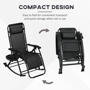 Outsunny Set of 2 Outdoor Rocking Chairs, Foldable Reclining Zero Gravity Lounge Rocker with Pillow, Cup & Phone Holder, Combo Design with Folding Legs, Black