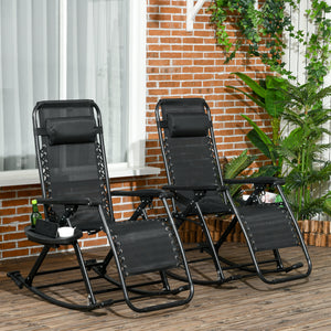 Outsunny Set of 2 Outdoor Rocking Chairs, Foldable Reclining Zero Gravity Lounge Rocker with Pillow, Cup & Phone Holder, Combo Design with Folding Legs, Black