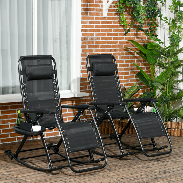 Outsunny Set of 2 Outdoor Rocking Chairs, Foldable Reclining Zero Gravity Lounge Rocker with Pillow, Cup & Phone Holder, Combo Design with Folding Legs, Black