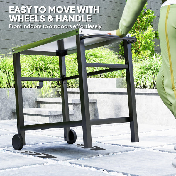 Outdoor Grill Dining Cart with Stainless Steel Tabletop, 2-Shelf BBQ Movable Pizza Oven Stand with Shelf, Hooks, Wheels, Charcoal Grey